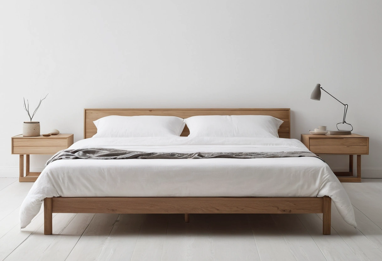 Low ash platform bed with crisp white bedding standing on bare pale floor in a minimal room.