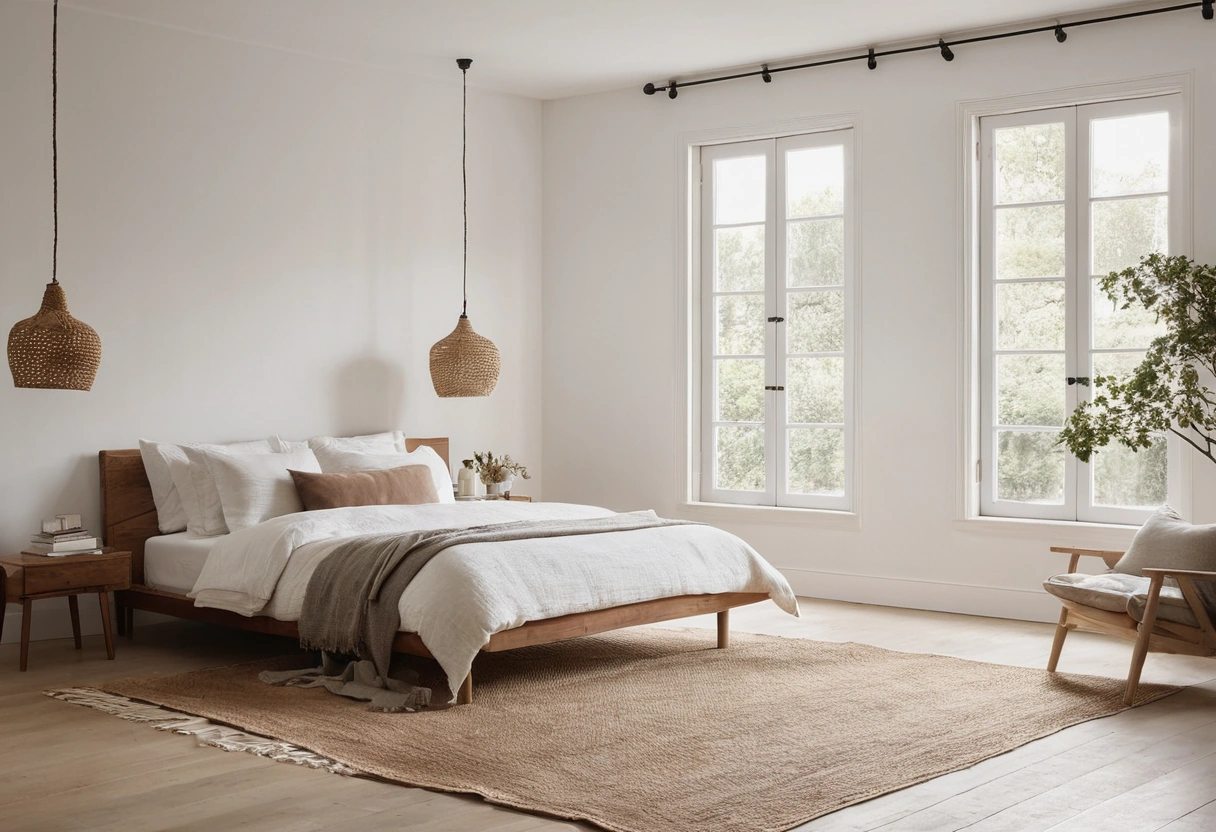 Bed with open walkways along both sides, each softened by a narrow woven runner rug in the morning light.