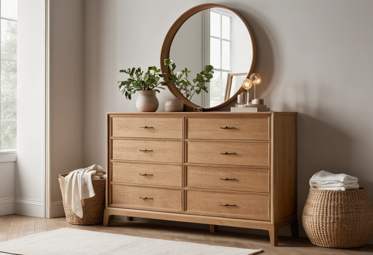 Oak dresser with an open top drawer of folded linens, a round mirror above, and clear floor in front.