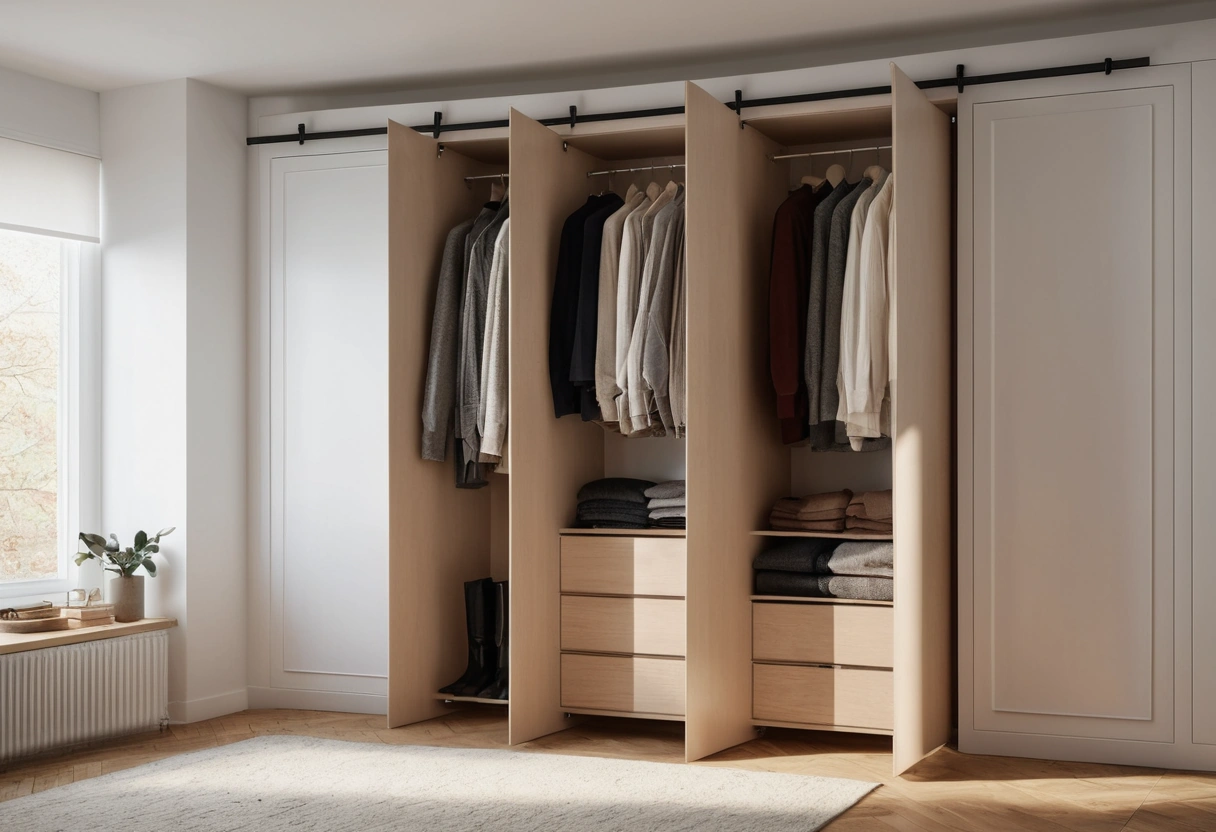 Closet with both hinged doors swung open over clear wood floor, showing hanging clothes and a shelf of sweaters.
