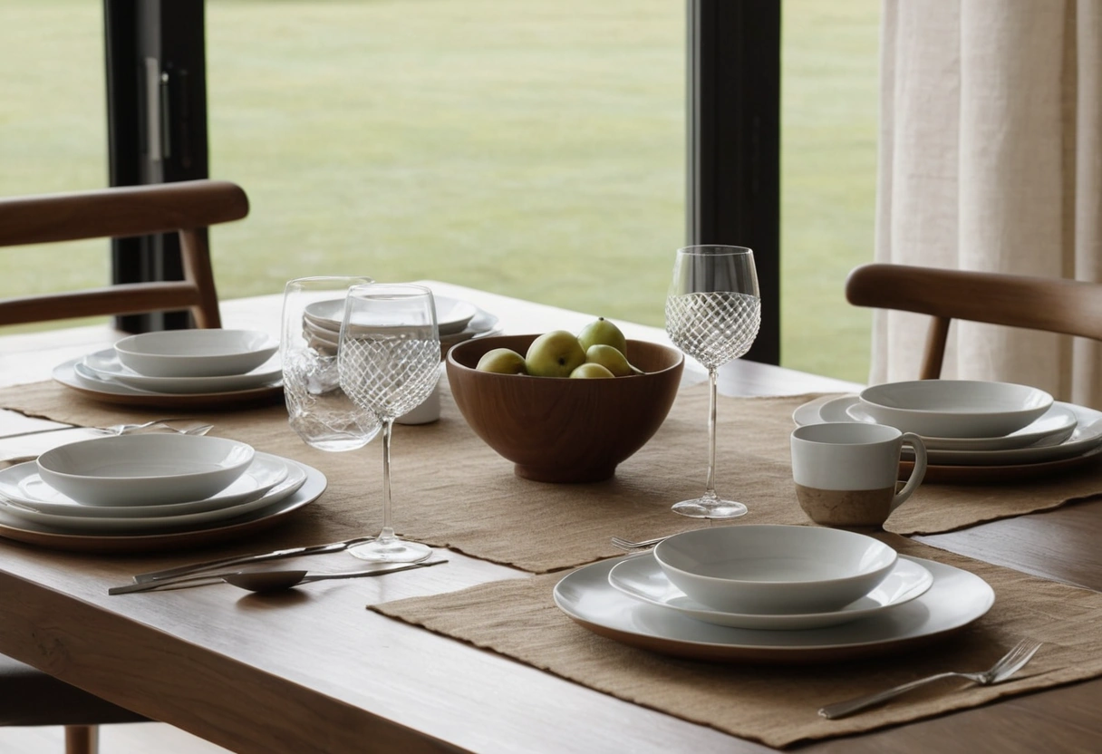 Walnut dining tabletop with evenly spaced place settings of ceramic plates, linen napkins, and glassware.