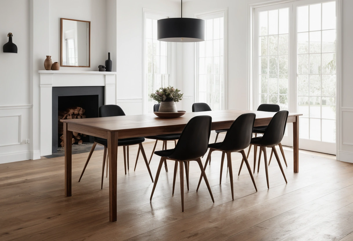 Long walnut dining table with eight black spindle chairs, photographed down its full length toward a tall window.