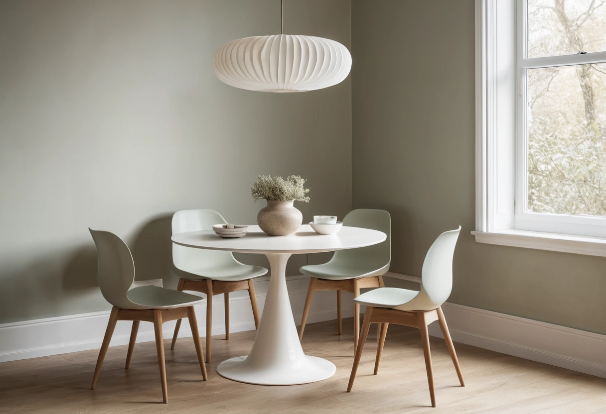 Round white pedestal dining table with four curved oak chairs in a compact nook by a window.