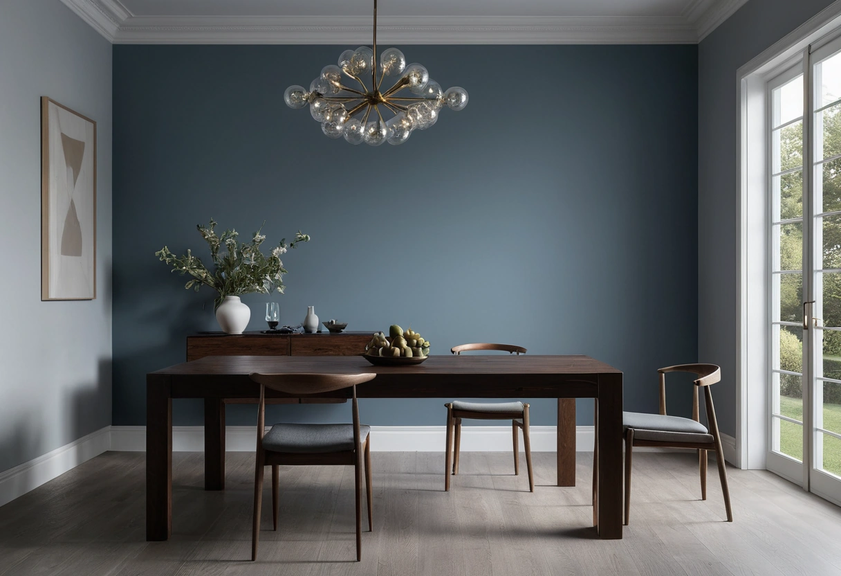 Dining room with one chair pulled out from a dark wood table and generous open floor between the table and the walls.