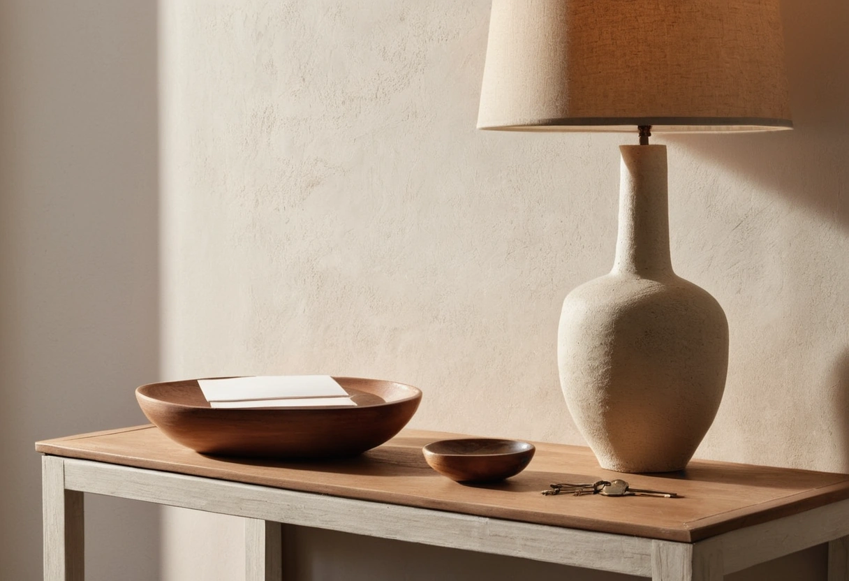 Entry console top with a ceramic tray of keys, a small wooden bowl, a lamp, and a stack of plain envelopes.