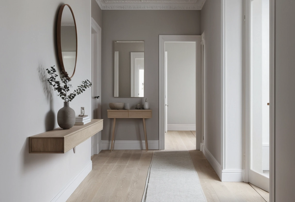 Narrow hallway with a shallow wall-hung shelf and slim mirror, leaving a clear walking path down the hall.