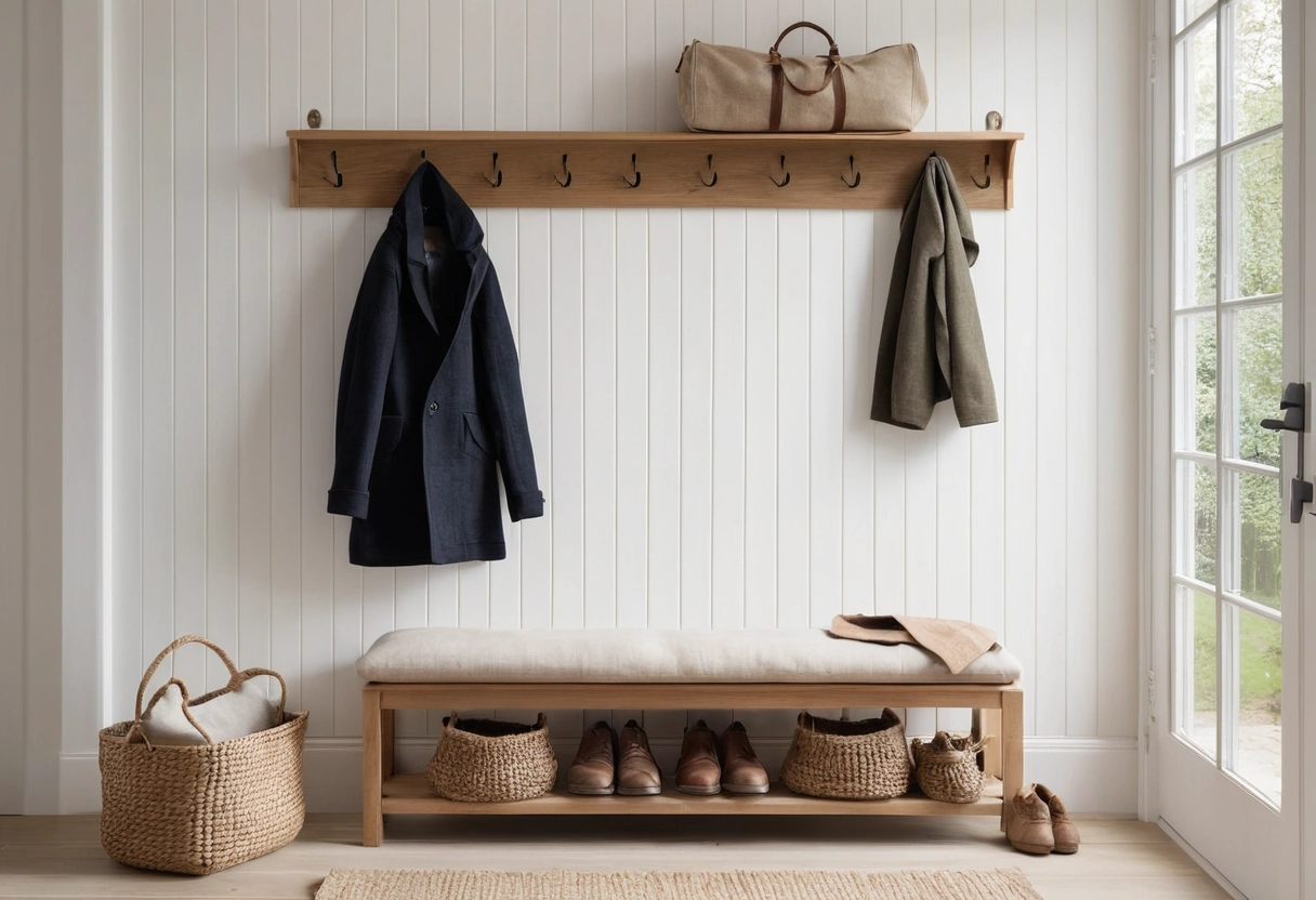 Double row of wooden hooks holding coats and canvas bags above a low oak bench with a linen cushion.