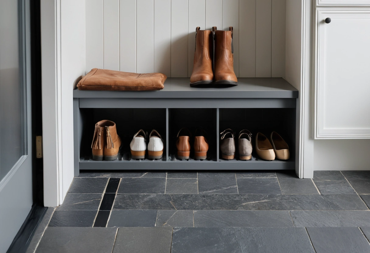 Cubby bench with shoes in its lower slots, boots on a metal tray by the door, and a coarse doormat at the threshold.