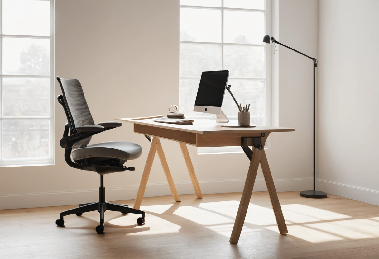 Side profile of a desk and task chair with a keyboard tray below the desktop and a footrest on the floor.