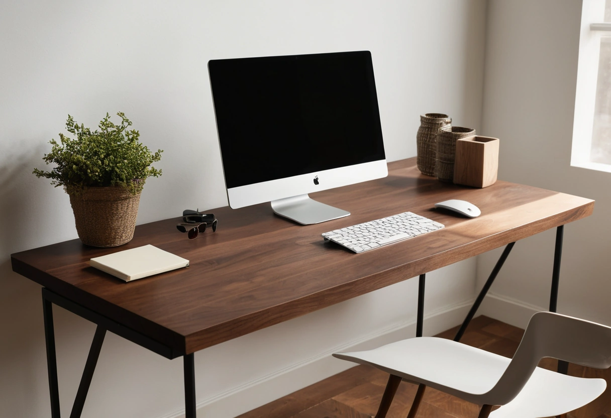 Deep walnut desktop with a monitor pushed to the back edge, a keyboard, a blank notebook, and open space at the front.