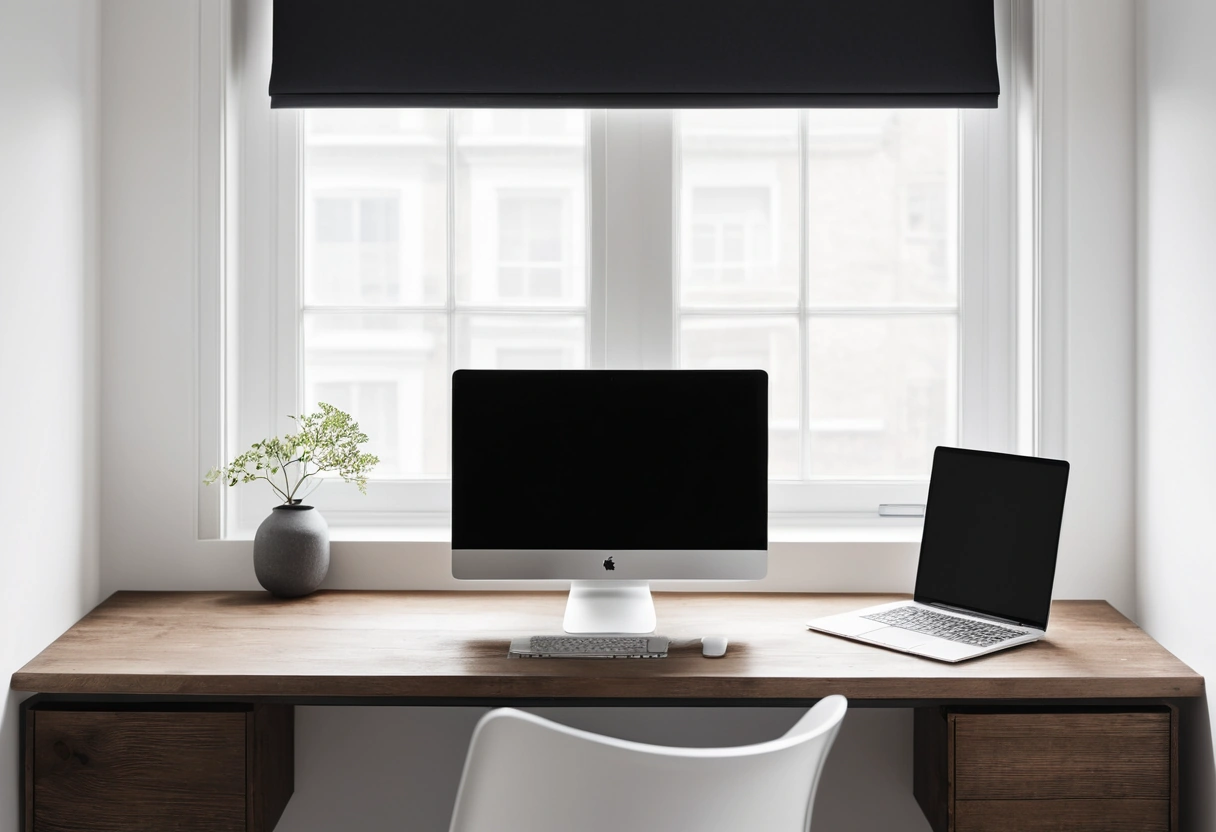 Monitor raised on a wooden riser with an external keyboard and closed laptop beside it, lit by a side window.