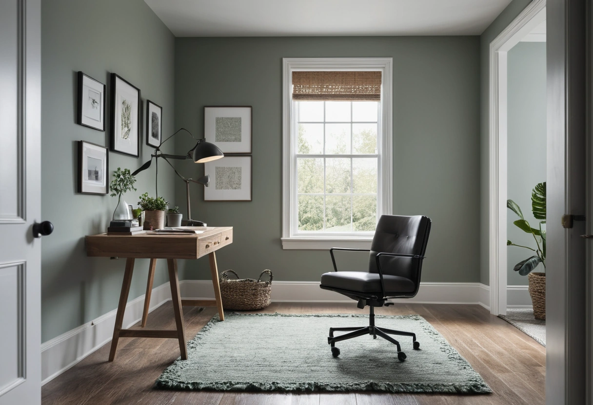 Office chair pushed back from a desk with generous clear floor behind it in a calm gray-green room.
