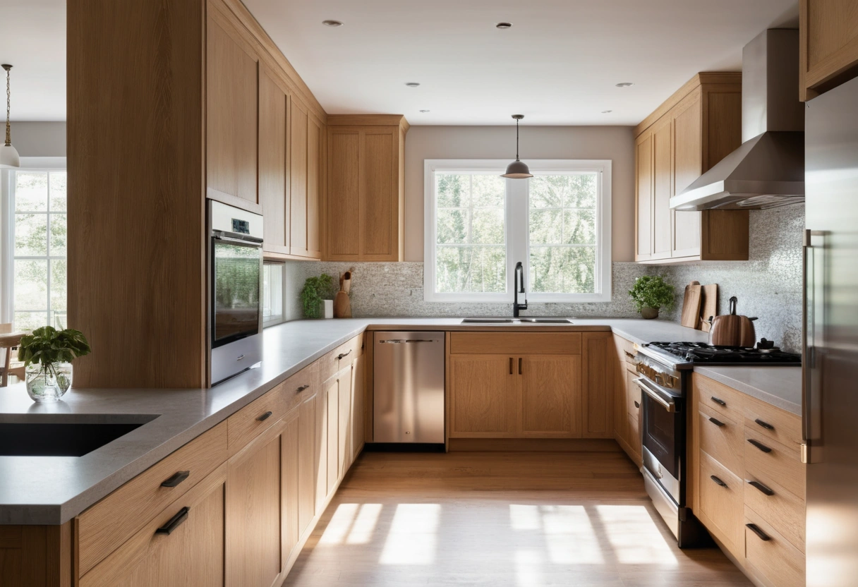 L-shaped kitchen with a sink on one counter run, a cooktop on the other, and a refrigerator a few steps away.