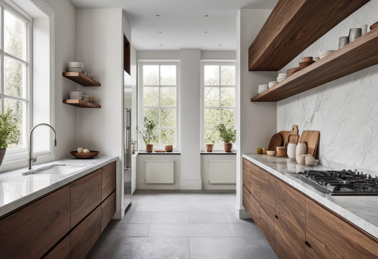 Galley kitchen with a wide clear aisle running between two parallel counters toward a window.