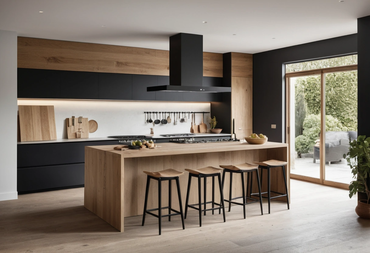 Open-plan kitchen with a large island holding a prep sink, stools along one side, and a cooktop on the wall behind.