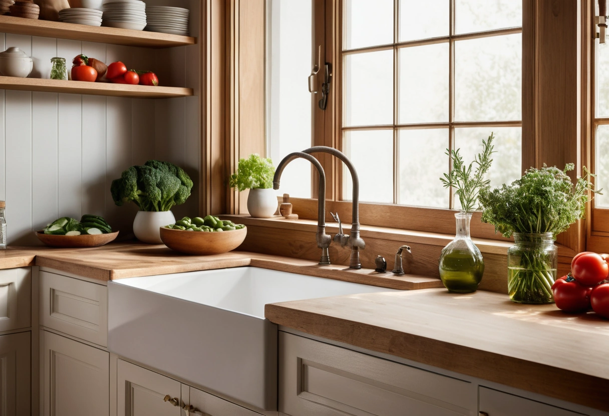 Continuous prep counter between sink and cooktop with a cutting board of fresh vegetables and mixing bowls.