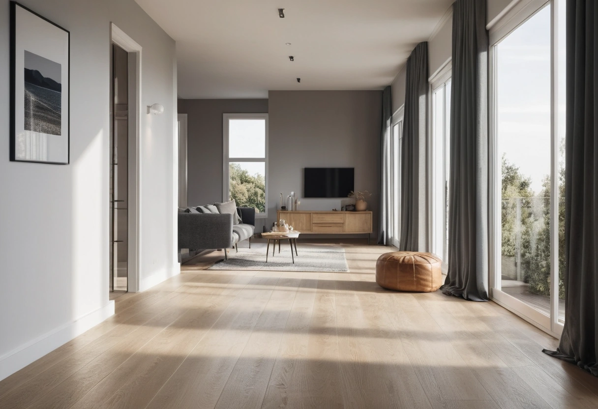 Open walkway of bare oak floor passing between a gray sofa and a console table in a bright living room.