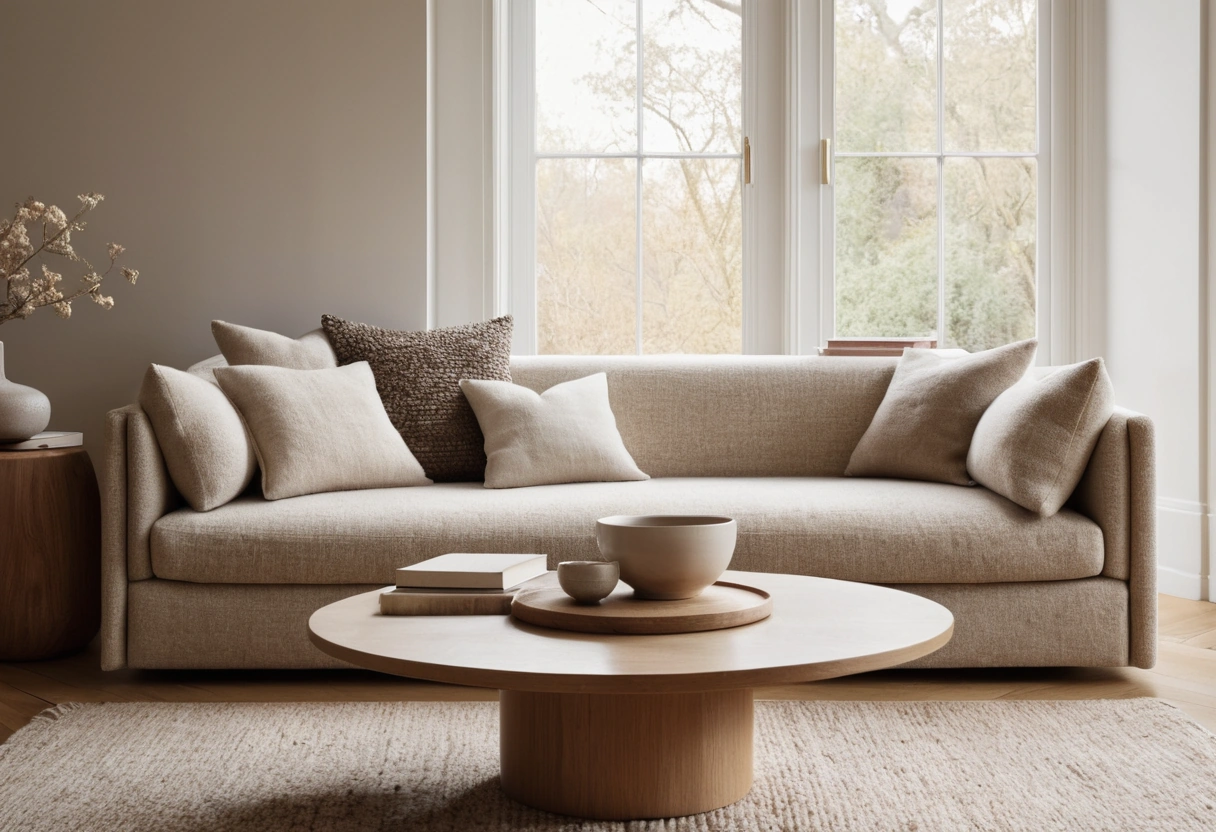 Beige boucle sofa with a round oak coffee table sitting within easy reach of the seat, styled with a vase and books.