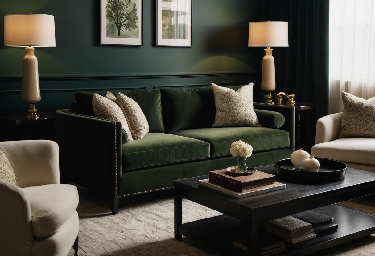 Two cream armchairs facing a green velvet sofa across a low coffee table in a close seating circle.