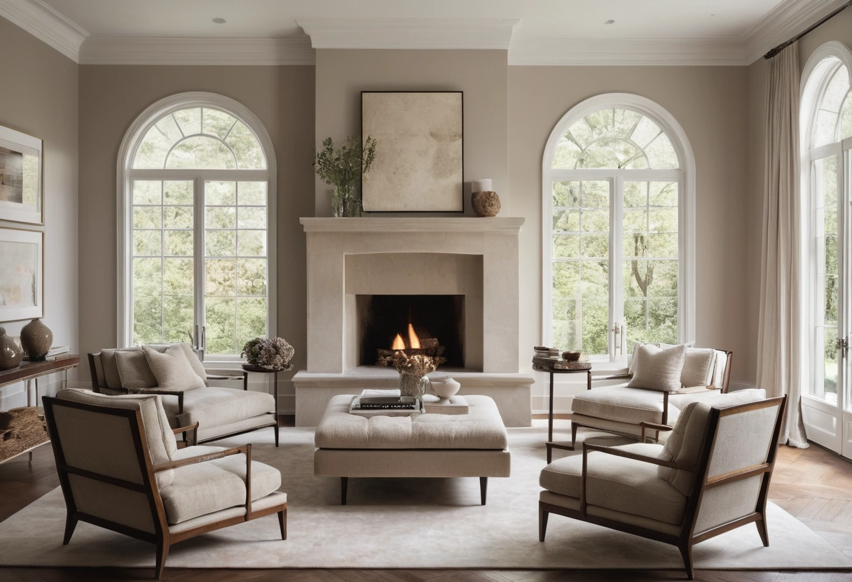 Sofa and flanking armchairs turned toward a limestone fireplace with an abstract painting above the mantel.