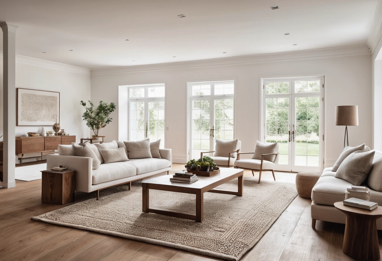 Living room with a linen sofa, two armchairs, and a walnut coffee table arranged on a large rug with open floor around the group.