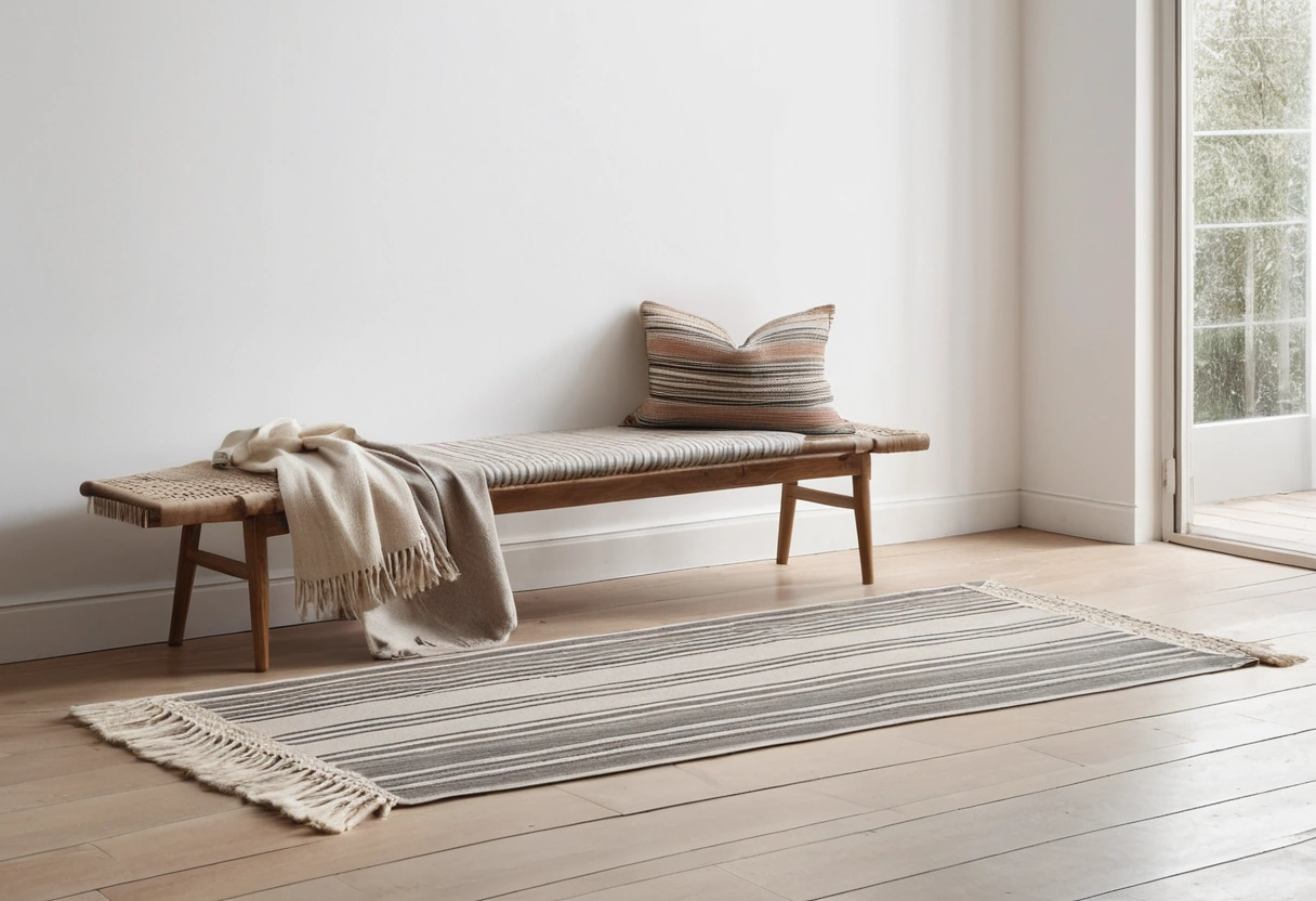 Striped flatweave rug spread across a pale wood floor with a second rolled rug leaning against the wall.