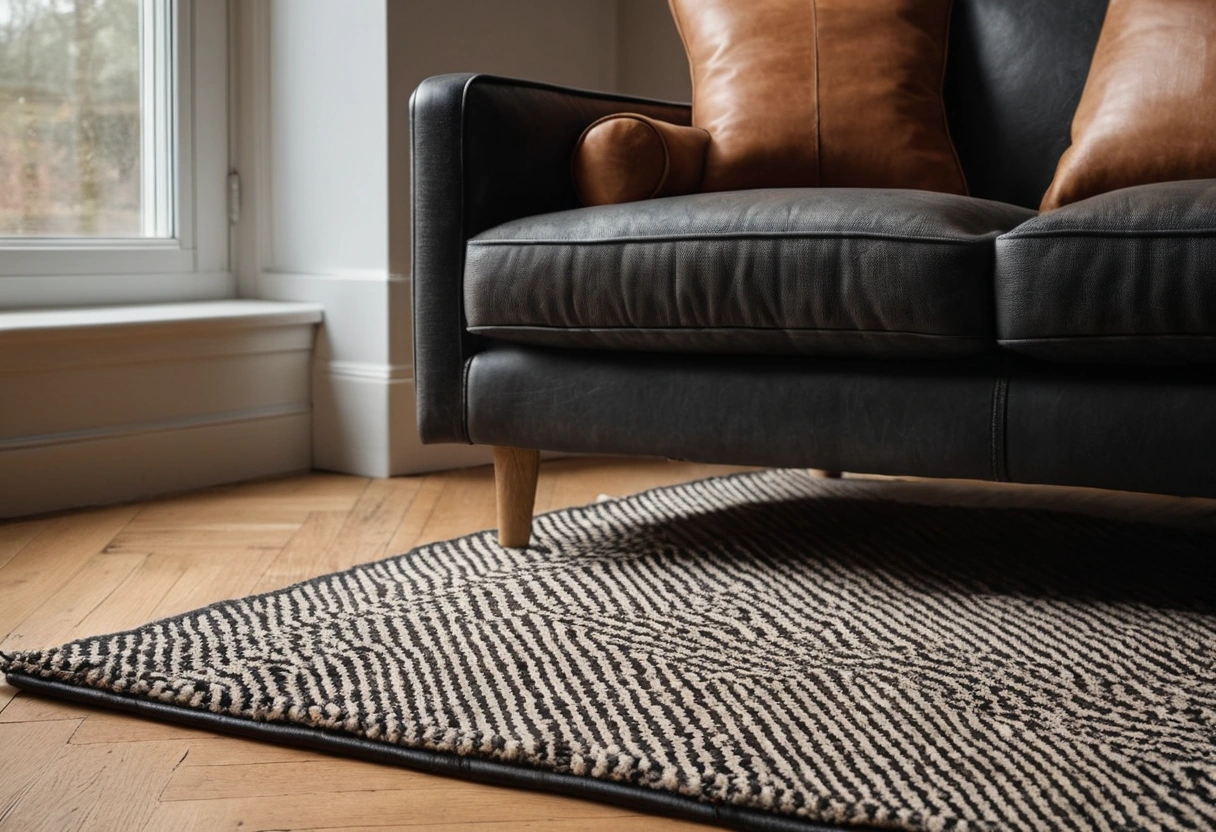 Front legs of a charcoal sofa and a leather armchair resting on a patterned rug over a herringbone oak floor.