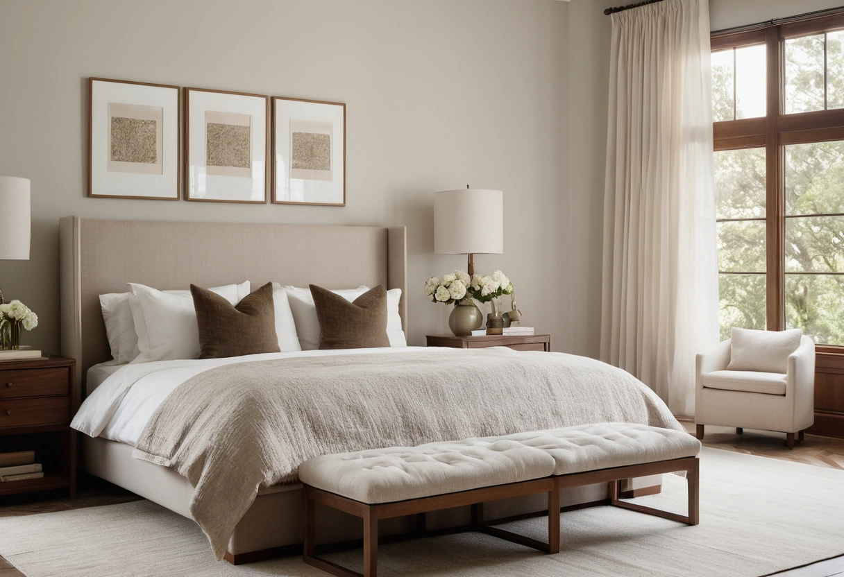 Ivory rug laid crosswise under a linen-dressed bed, extending past both sides and the foot of the frame.