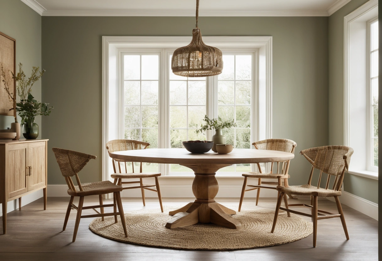 Round oak dining table and spindle chairs centered on a large jute rug that extends well past the chairs.
