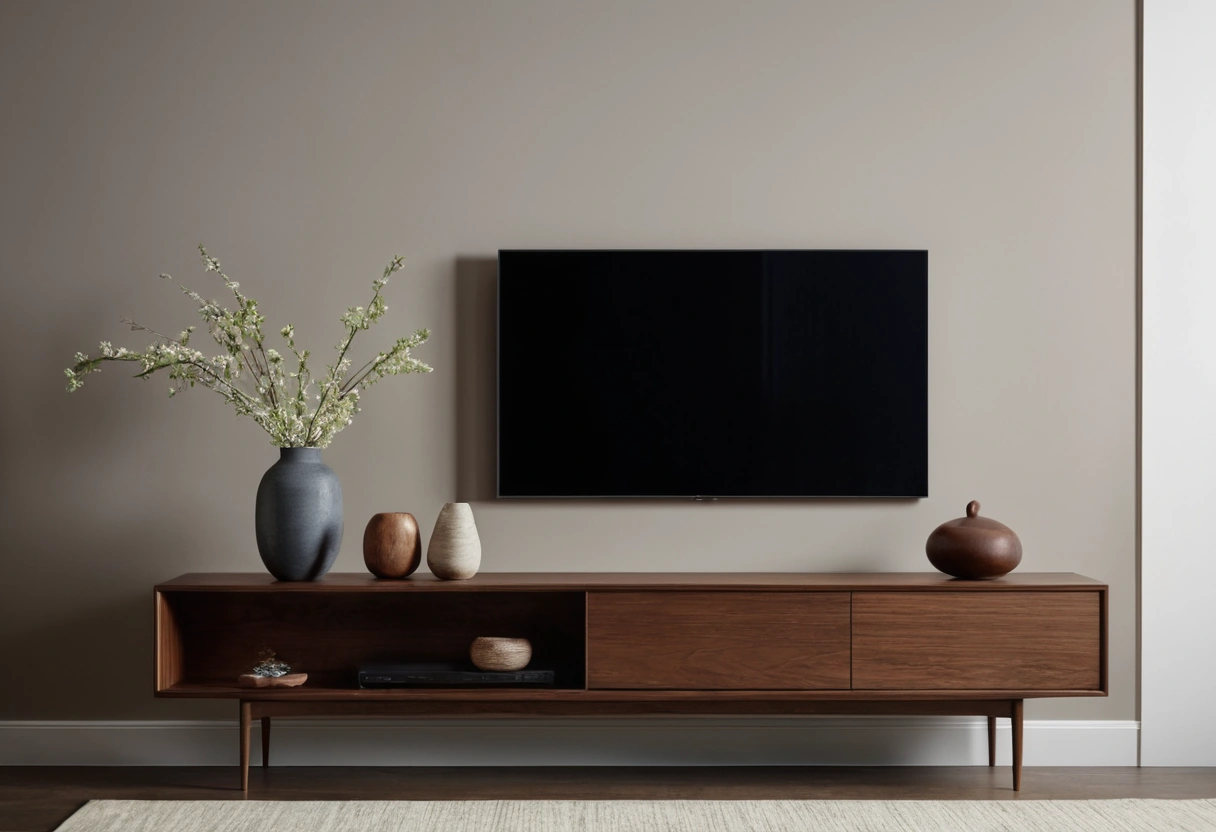 Television with a dark screen mounted low on a plaster wall above a slim walnut media console.