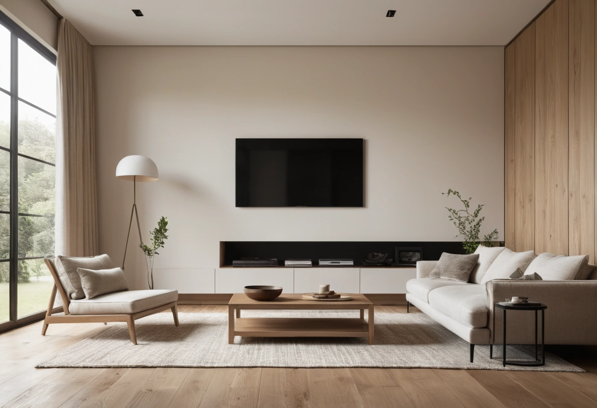 Side view of a living room with a cream sofa and a wall-mounted television facing each other across open floor.