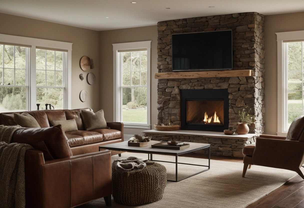Television with a dark screen mounted above a low stone fireplace, with leather chairs set well back from it.