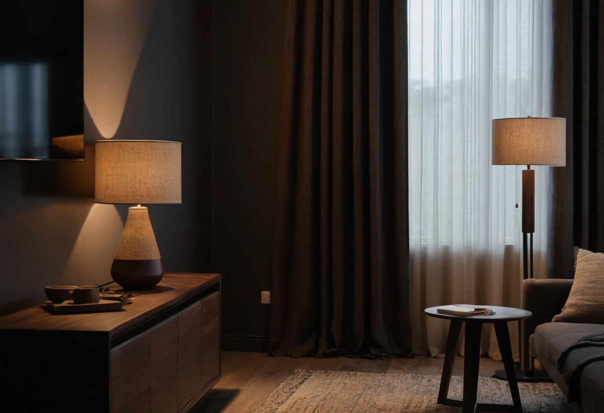Evening media wall with a soft warm glow behind a dark television screen and linen curtains drawn at the side window.