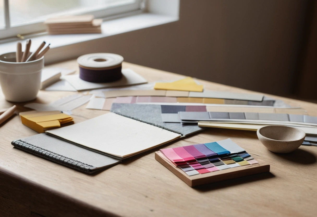 Work desk with a tape measure, fabric swatches, wood samples, and paint chips
