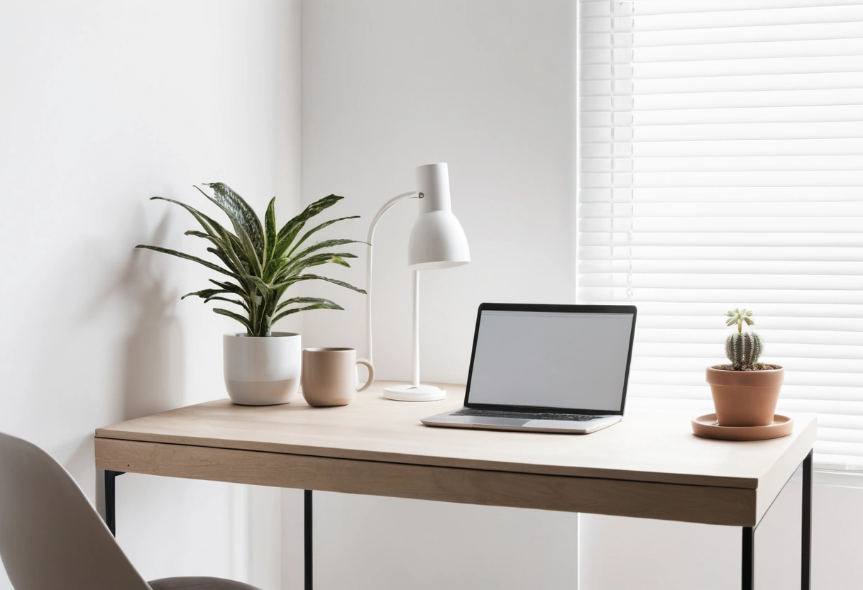 Quiet home office corner with a light wood desk, closed laptop, and a small plant