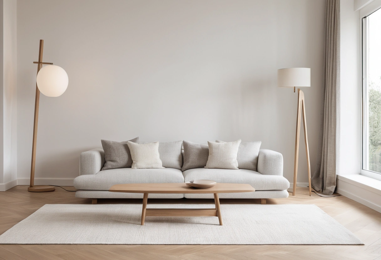 Bright minimalist living room with a low white sofa, oak floor, and large windows