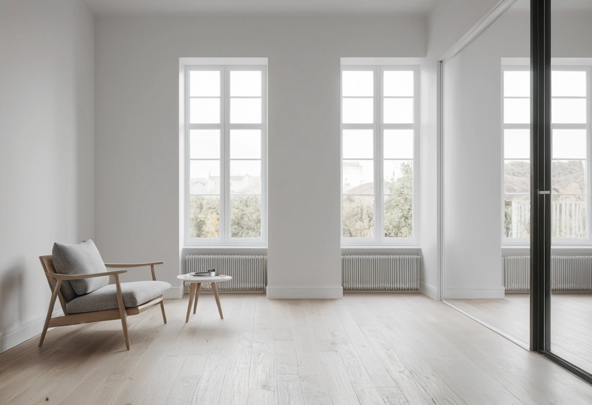A view down a small room where low furniture on legs leaves an open corridor of floor toward the window.