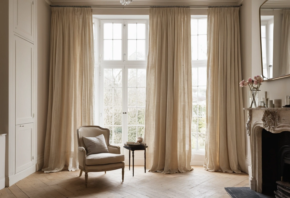 Ivory curtains hung just below the ceiling and wider than the window, falling to the floor in a small sitting room.
