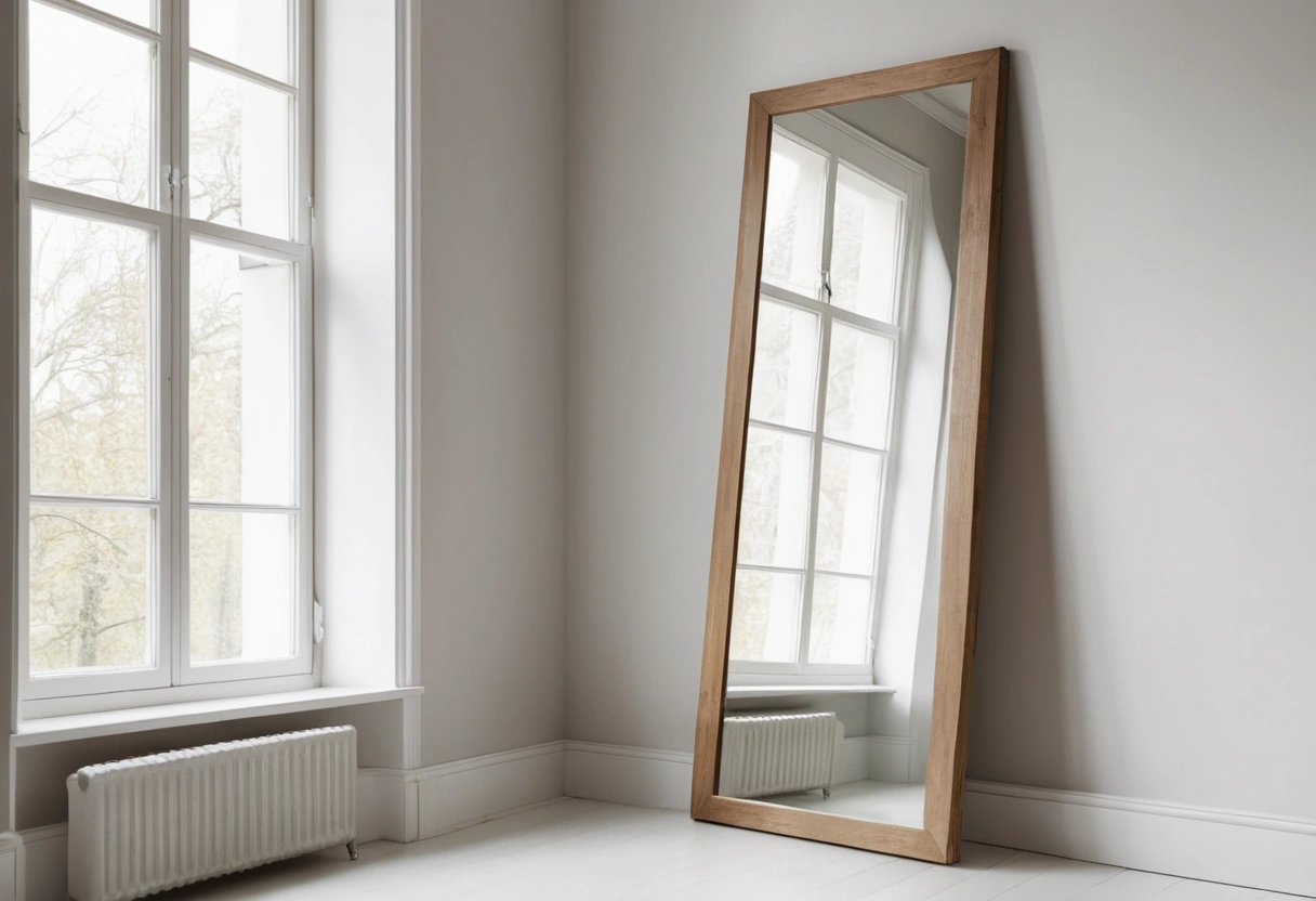 A large leaning mirror in a small room reflecting the bright window and part of the space.