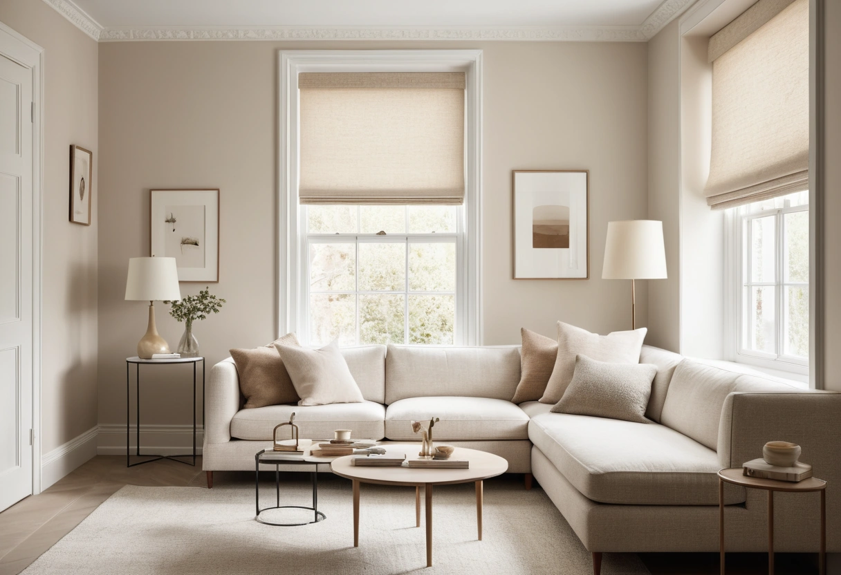 A small living room with walls and trim in the same soft white, a lit floor lamp, and a small table lamp on a shelf.