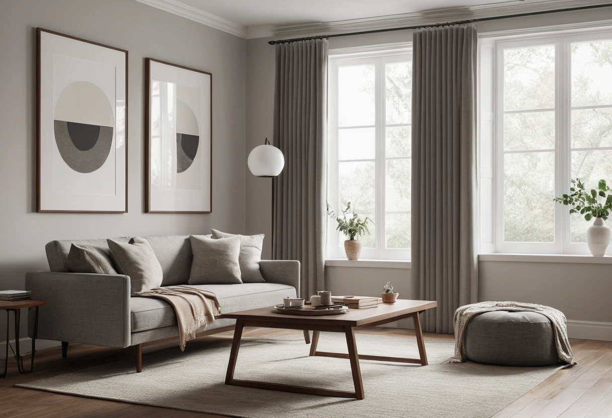 A tidy living room with a closed sleeper sofa, a flat lift top coffee table with a book, and a folded drop leaf table.