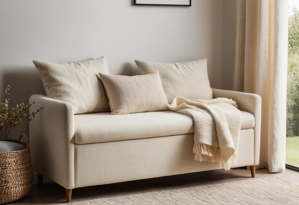 A cream upholstered storage bench with its lid open, showing folded blankets and pillows inside.