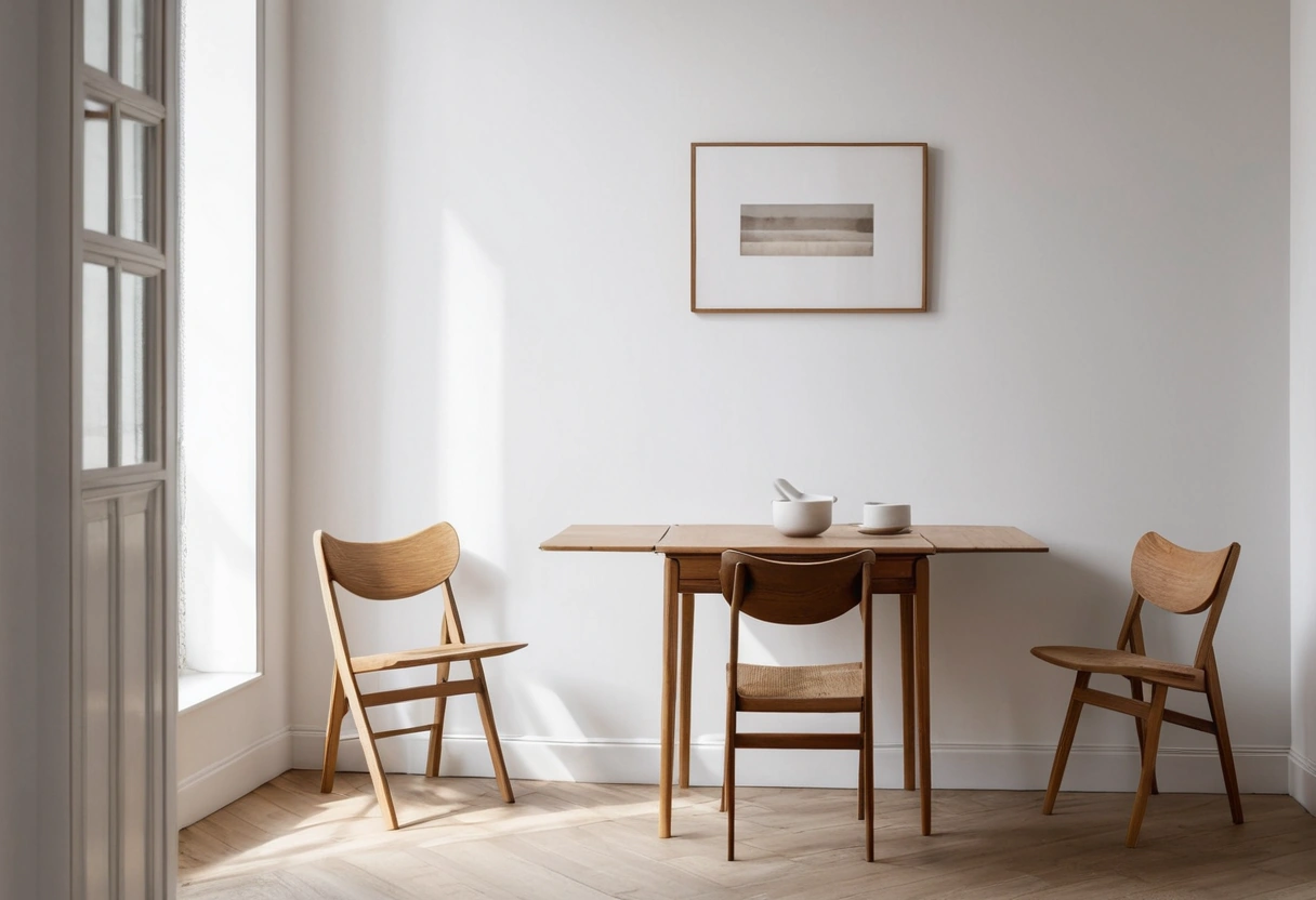 A drop leaf table by a wall with one leaf raised and set with plates for two, the other leaf folded down.