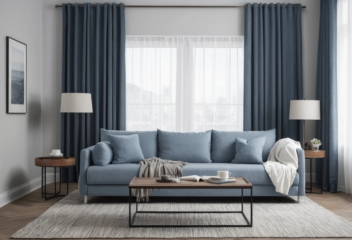 A sleeper sofa opened into a made bed in a small living room, with the coffee table moved against the wall.