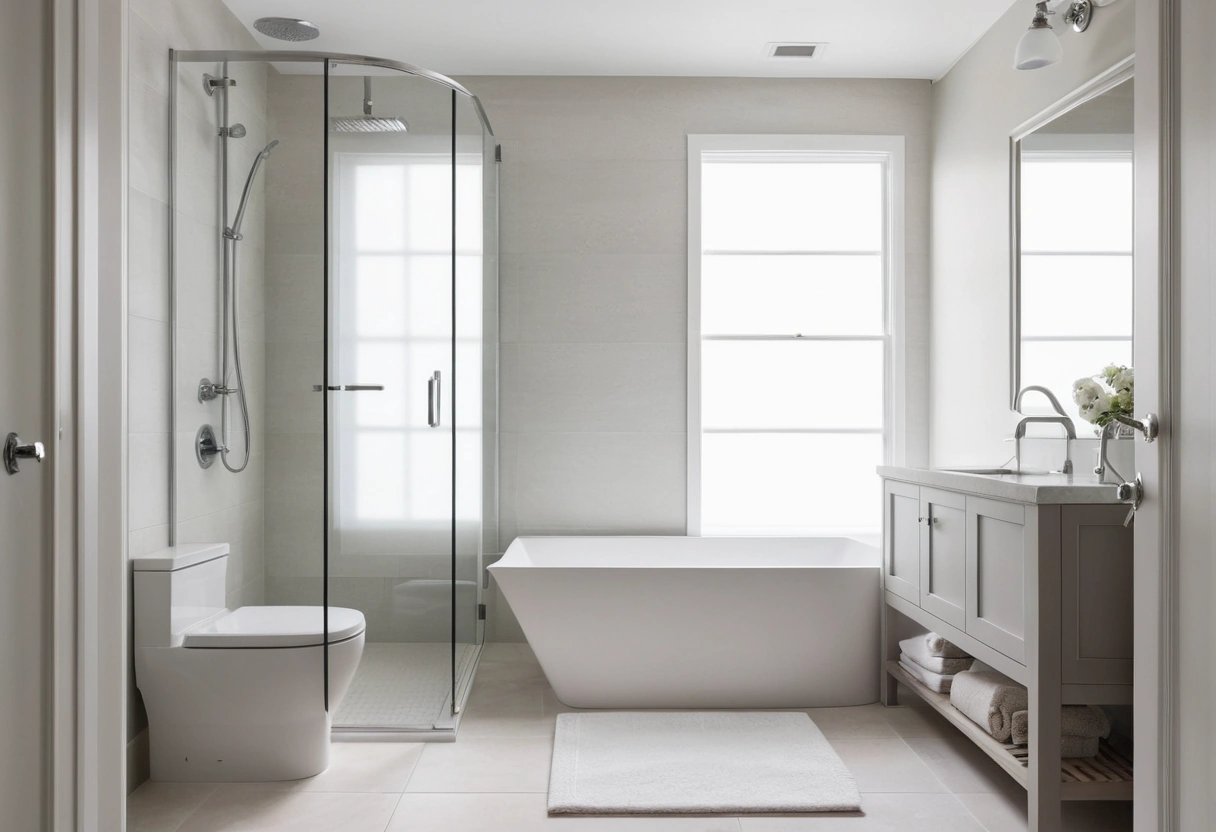 A small bathroom viewed from the doorway with open floor between the vanity, toilet, and shower.