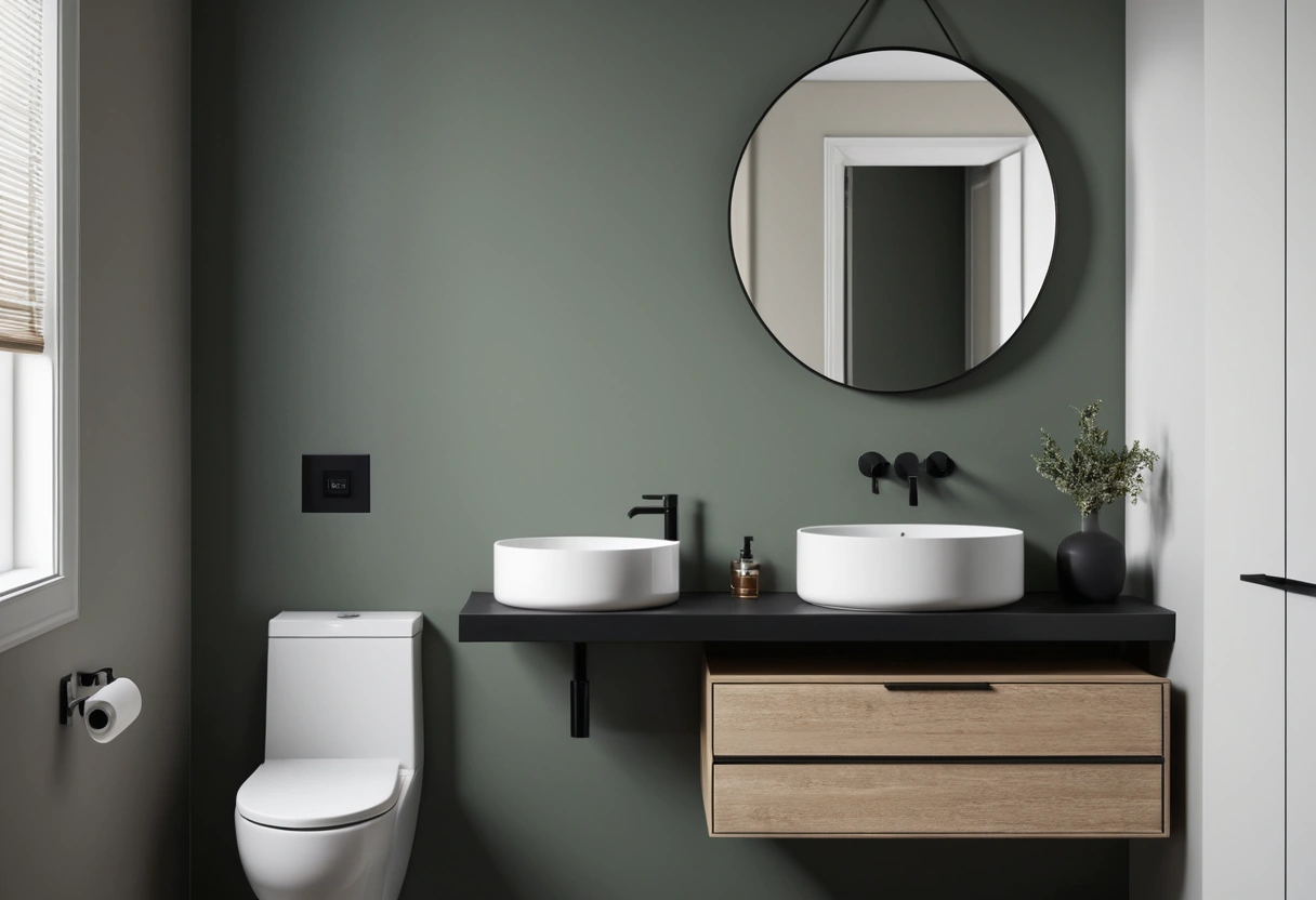 A floating narrow vanity with a shallow basin next to a compact toilet, with floor visible underneath.
