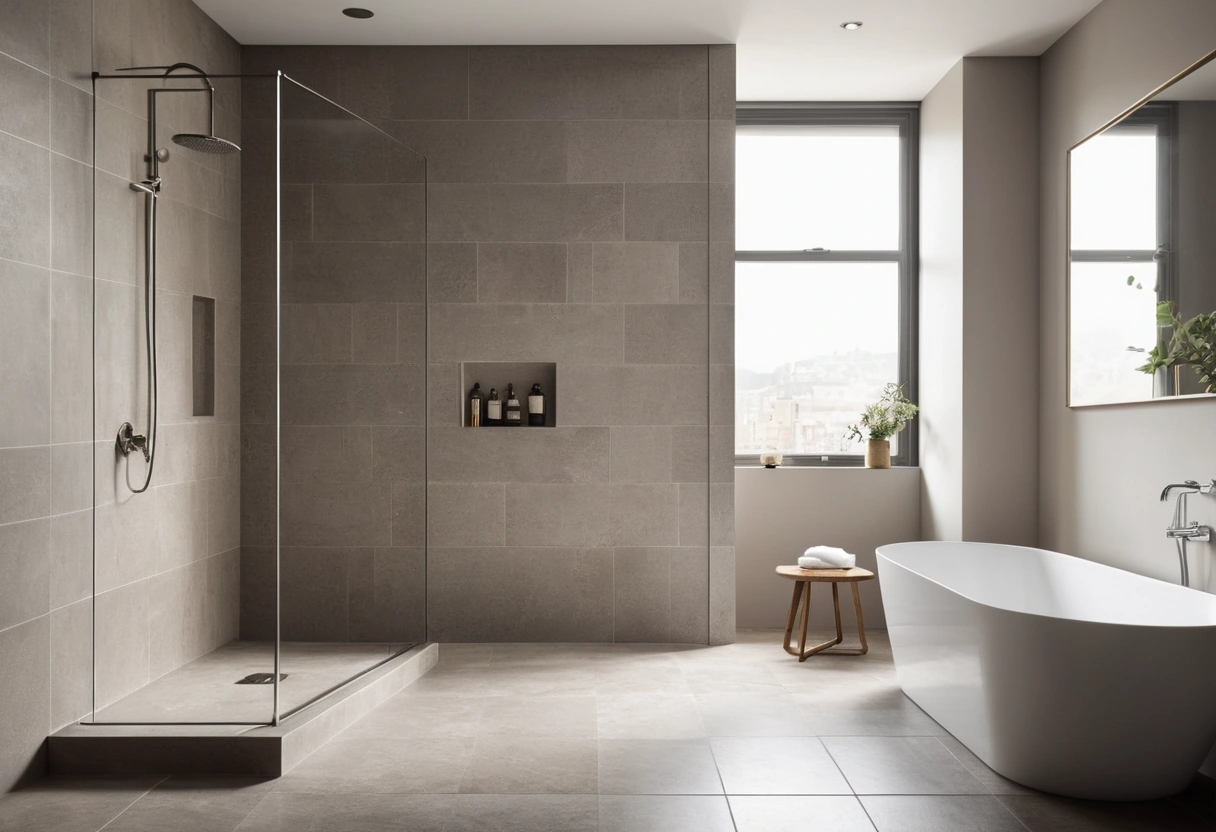 A corner walk in shower with a fixed glass panel and a tiled bench where a bathtub would have been.