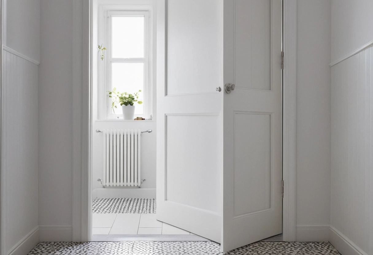 A pocket door half slid into the wall at a bathroom entrance, with the tiled room visible beyond.