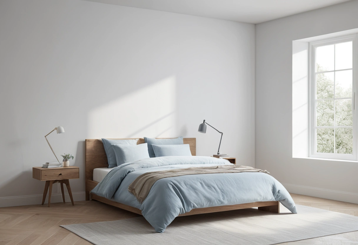 A sparse small bedroom with a neatly made bed, one nightstand, and an empty corner of bare floor.