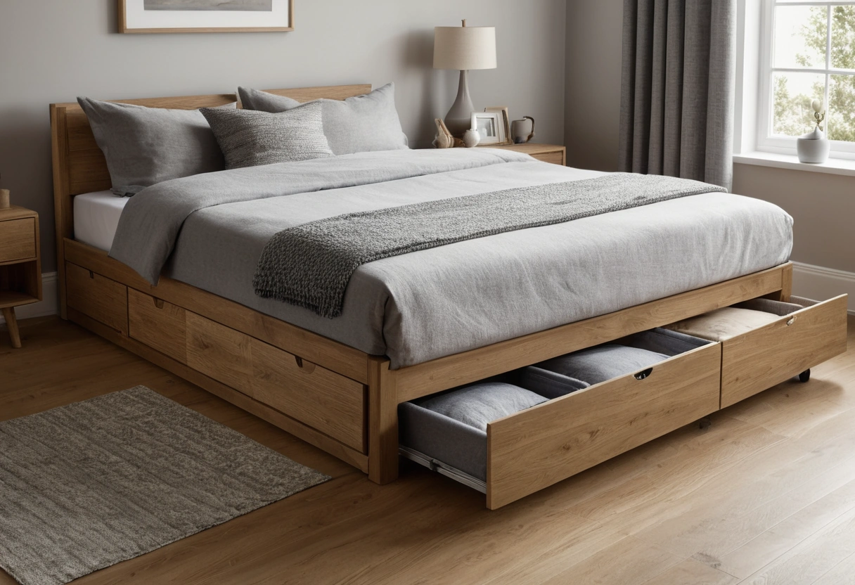 A low view of a raised bed with a shallow drawer and flat storage bins pulled partly out from underneath.